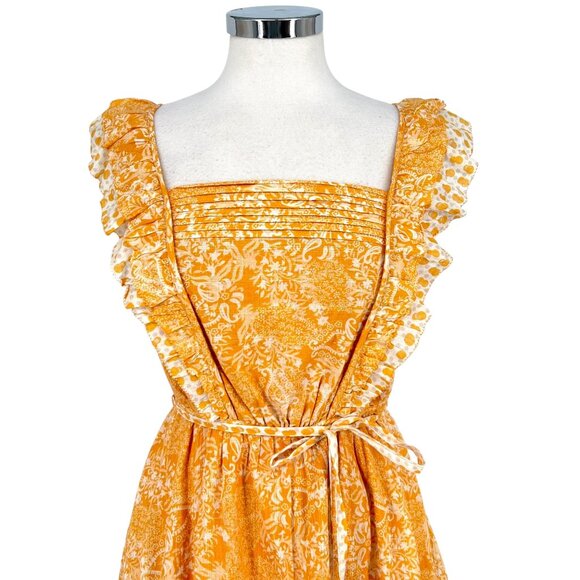 French Connection Adena Floral Metallic Ruffle Dress in Oak Bluff Yellow Size 6 - Picture 2 of 10